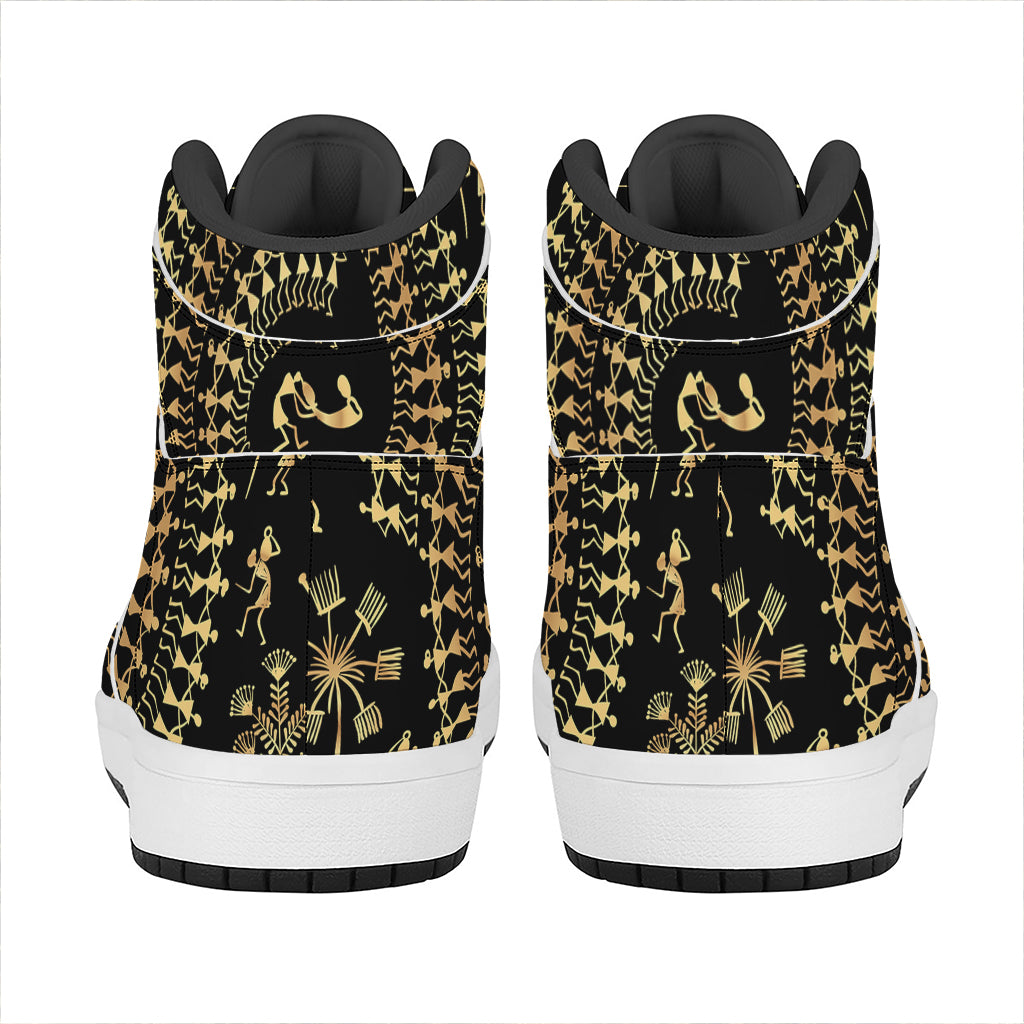 Black And Gold Warli Tribal Print High Top Leather Sneakers