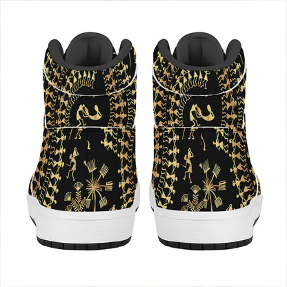 Black And Gold Warli Tribal Print High Top Leather Sneakers