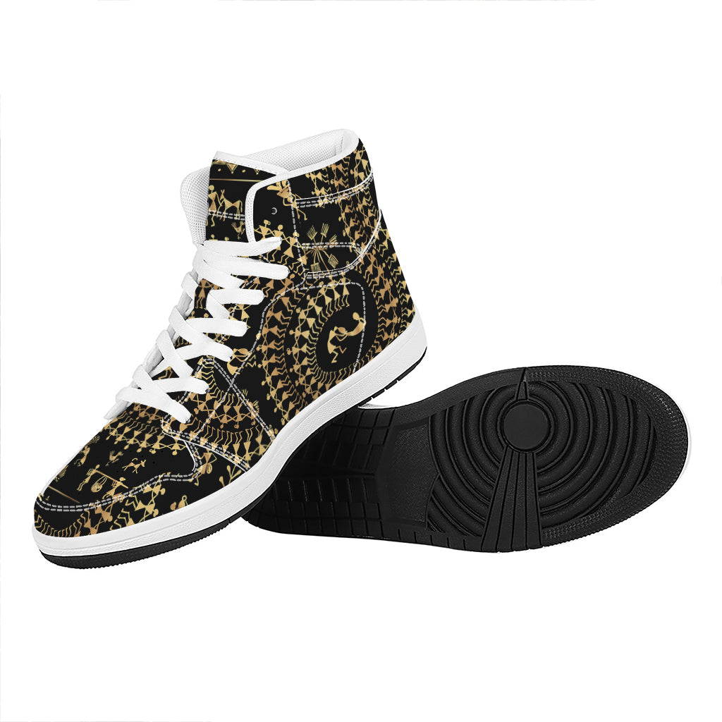 Black And Gold Warli Tribal Print High Top Leather Sneakers