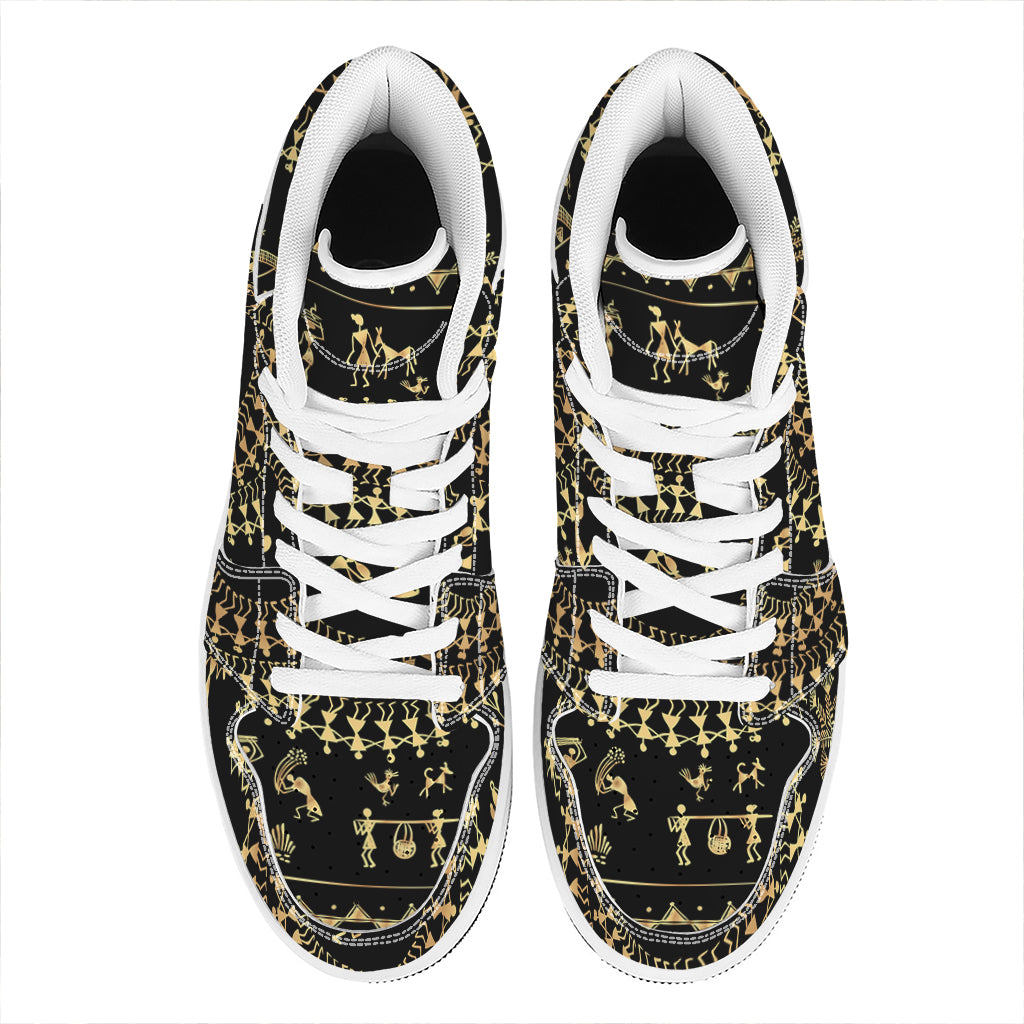 Black And Gold Warli Tribal Print High Top Leather Sneakers