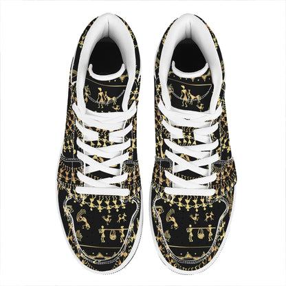 Black And Gold Warli Tribal Print High Top Leather Sneakers