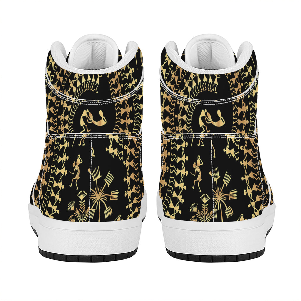 Black And Gold Warli Tribal Print High Top Leather Sneakers