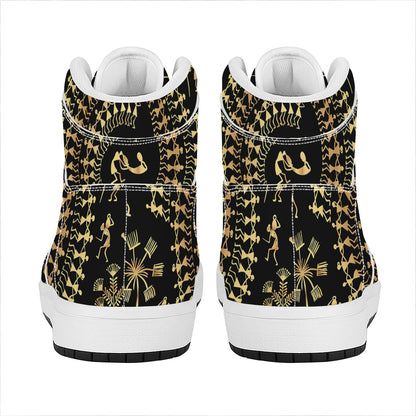 Black And Gold Warli Tribal Print High Top Leather Sneakers