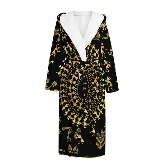 Black And Gold Warli Tribal Print Hooded Bathrobe
