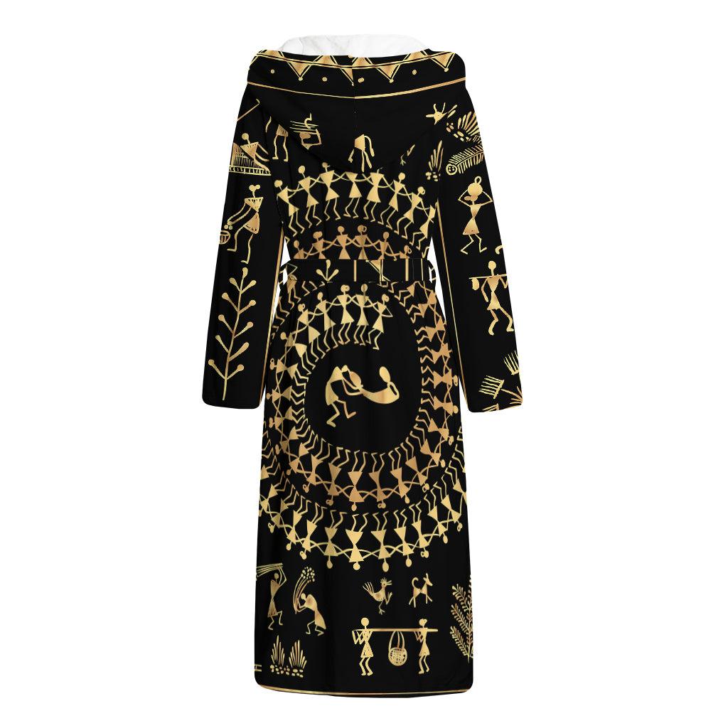 Black And Gold Warli Tribal Print Hooded Bathrobe