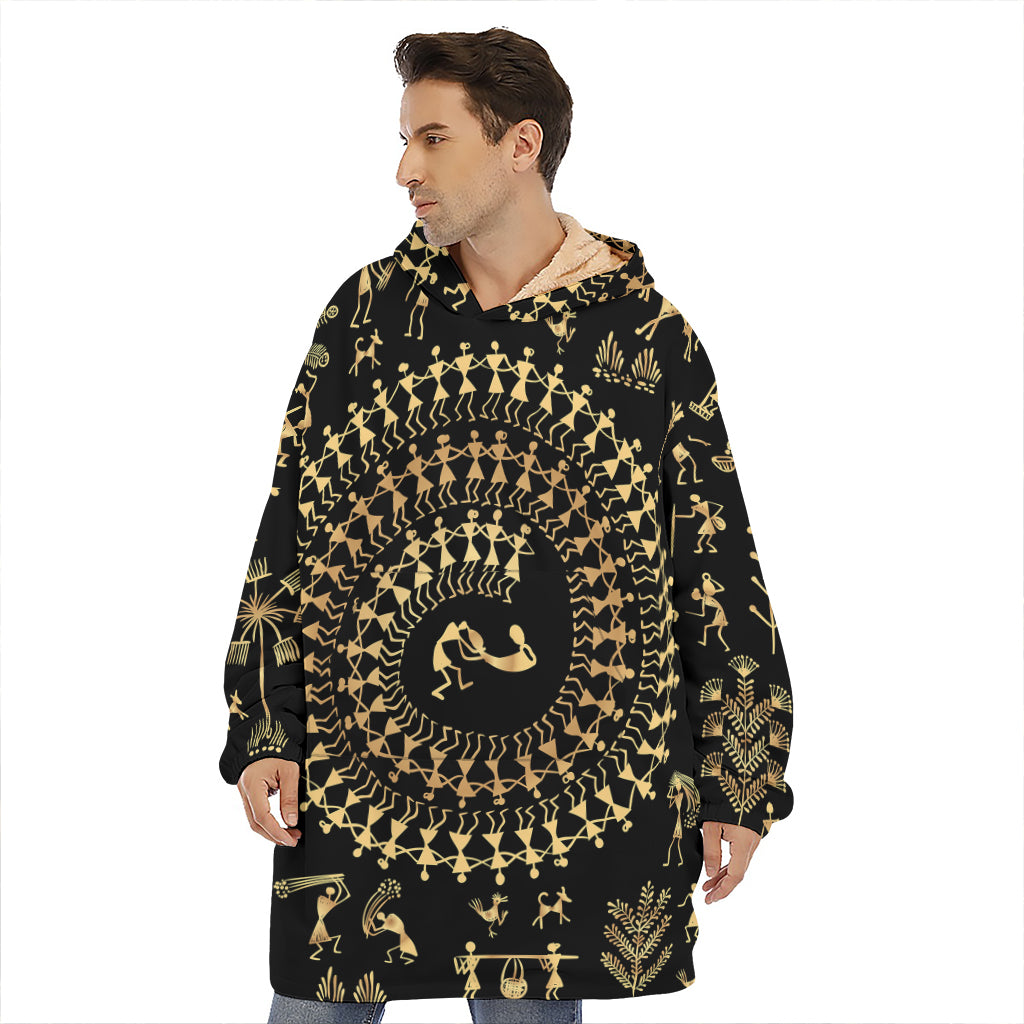 Black And Gold Warli Tribal Print Hoodie Blanket