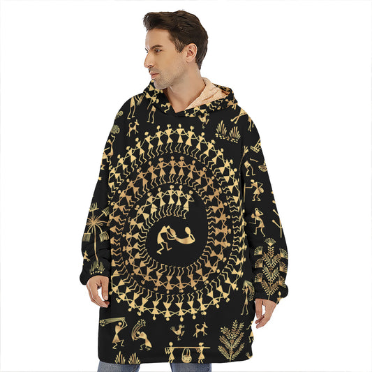 Black And Gold Warli Tribal Print Hoodie Blanket