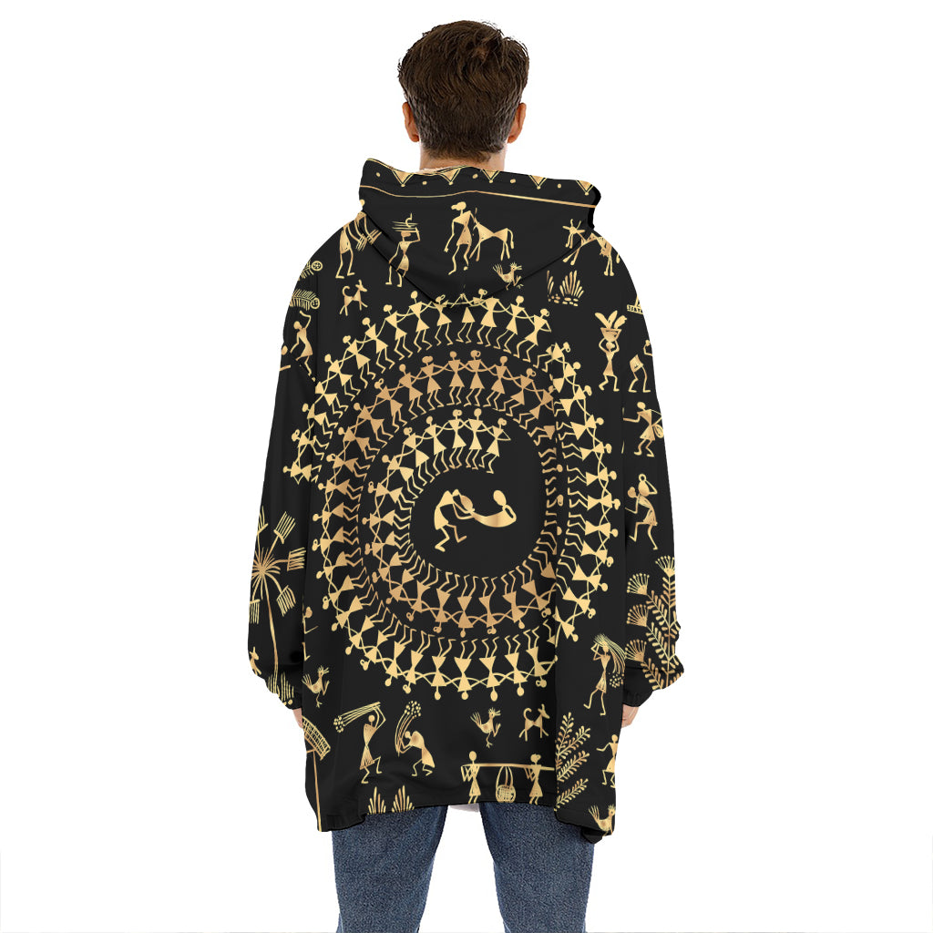 Black And Gold Warli Tribal Print Hoodie Blanket