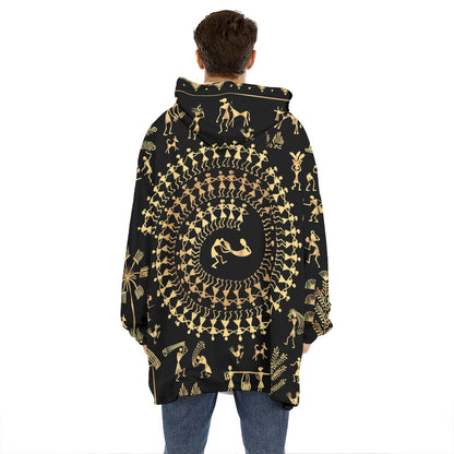 Black And Gold Warli Tribal Print Hoodie Blanket