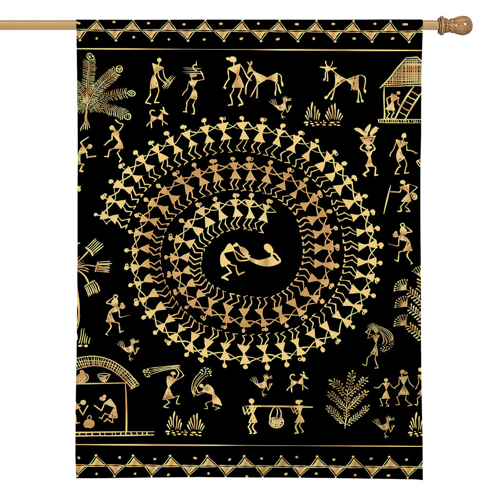 Black And Gold Warli Tribal Print House Flag