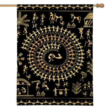 Black And Gold Warli Tribal Print House Flag