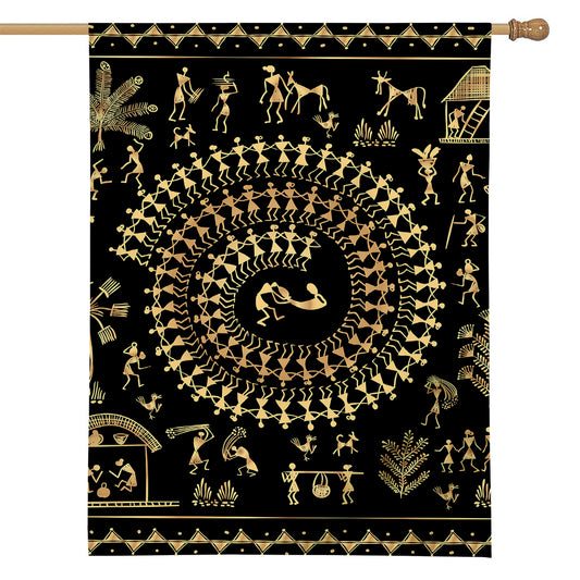 Black And Gold Warli Tribal Print House Flag