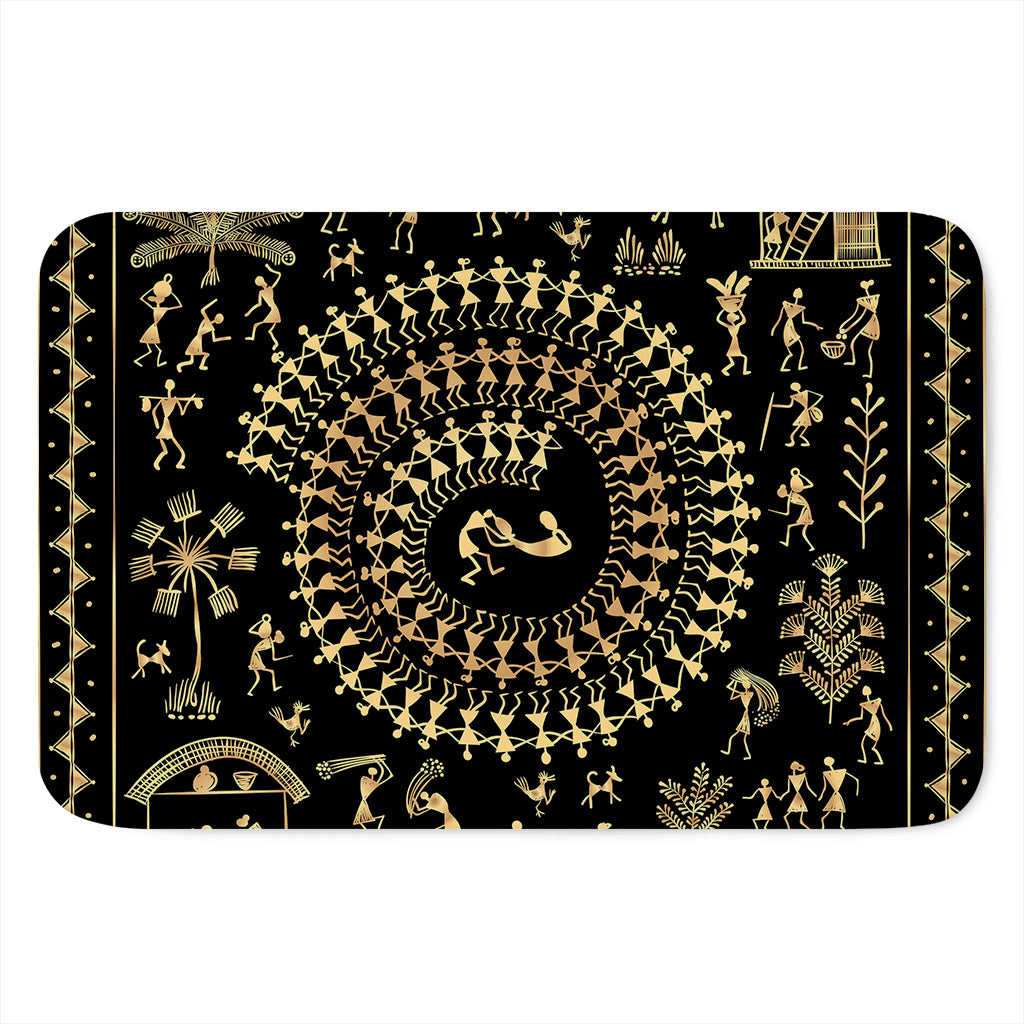 Black And Gold Warli Tribal Print Indoor Door Mat