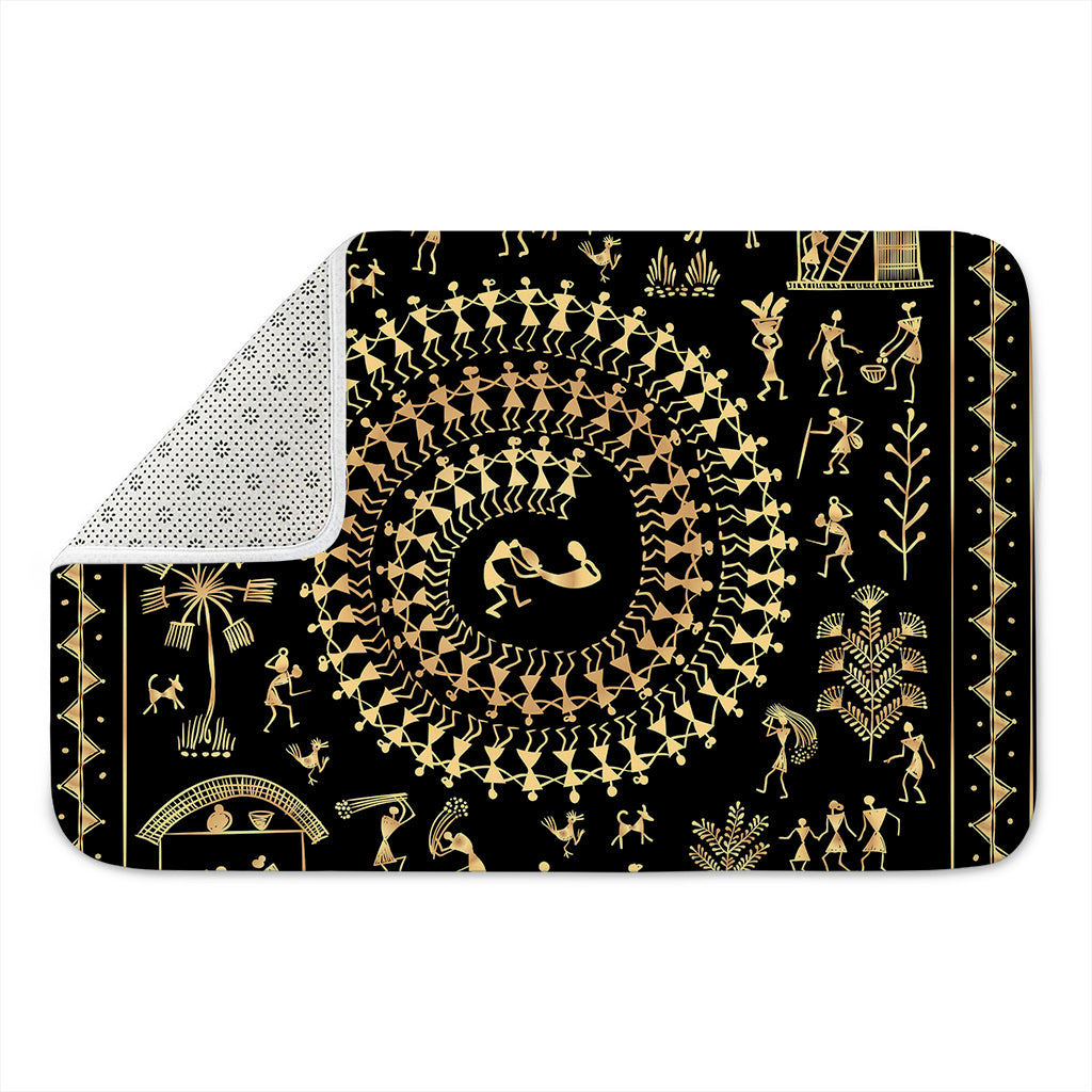 Black And Gold Warli Tribal Print Indoor Door Mat