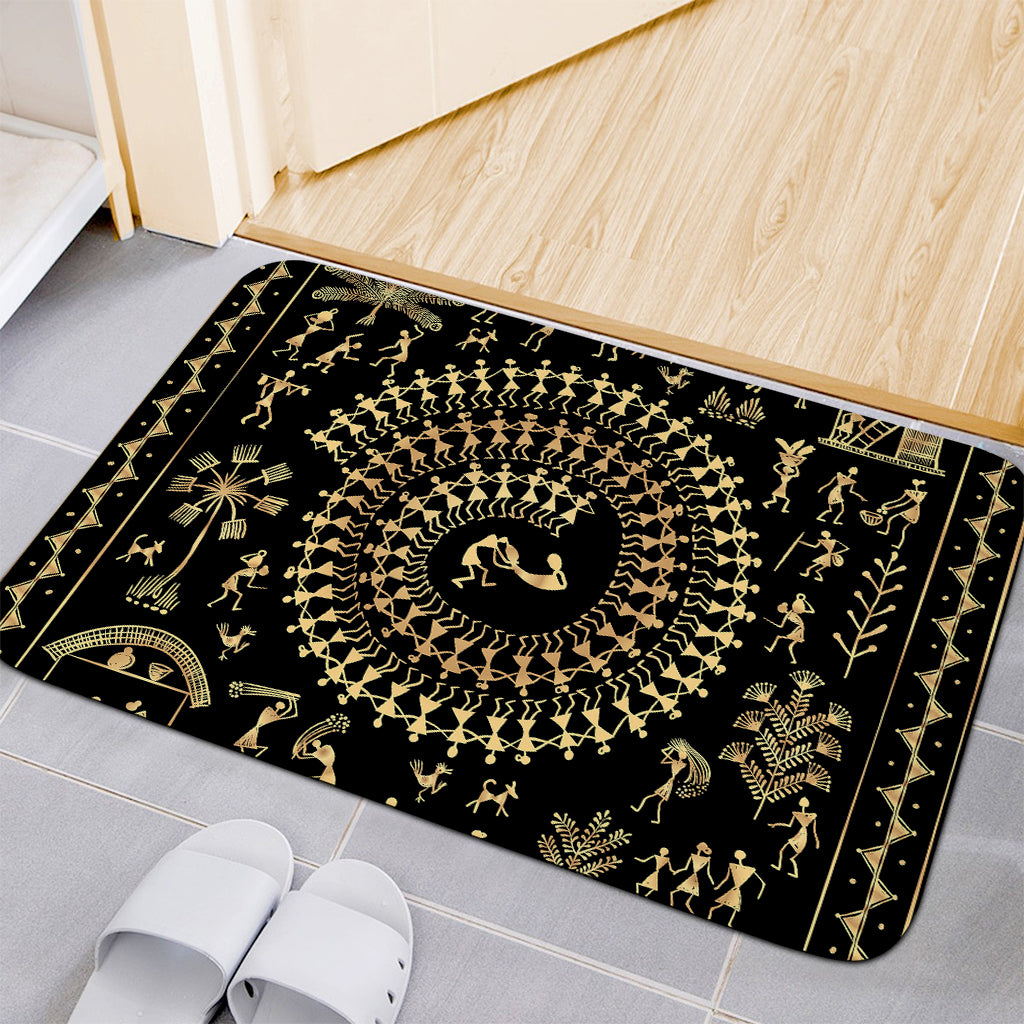 Black And Gold Warli Tribal Print Indoor Door Mat