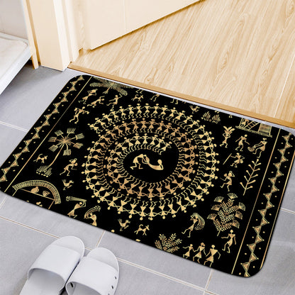 Black And Gold Warli Tribal Print Indoor Door Mat