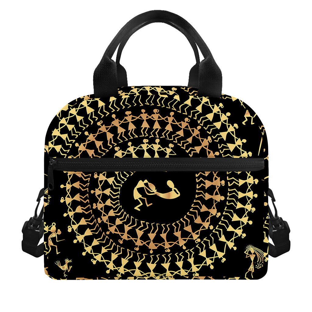 Black And Gold Warli Tribal Print Insulated Lunch Bag