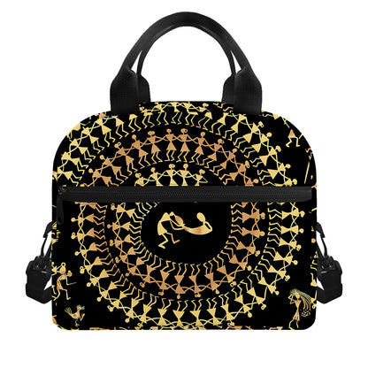 Black And Gold Warli Tribal Print Insulated Lunch Bag