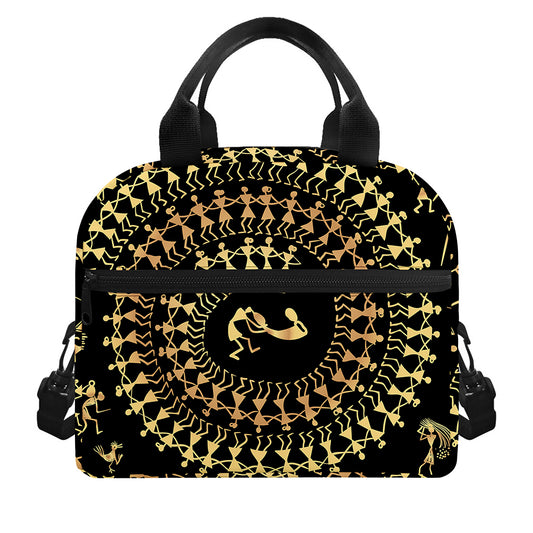 Black And Gold Warli Tribal Print Insulated Lunch Bag