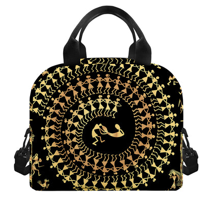 Black And Gold Warli Tribal Print Insulated Lunch Bag