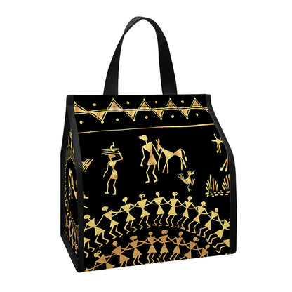 Black And Gold Warli Tribal Print Insulated Lunch Tote