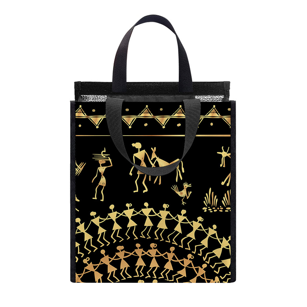 Black And Gold Warli Tribal Print Insulated Lunch Tote