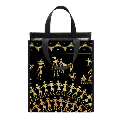 Black And Gold Warli Tribal Print Insulated Lunch Tote