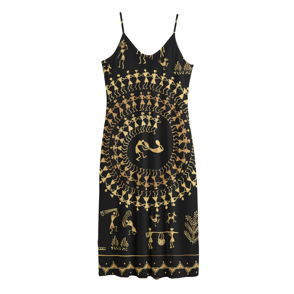 Black And Gold Warli Tribal Print Jersey Midi Cami Dress