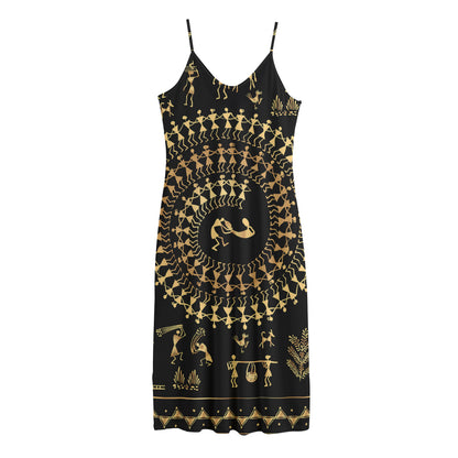 Black And Gold Warli Tribal Print Jersey Midi Cami Dress