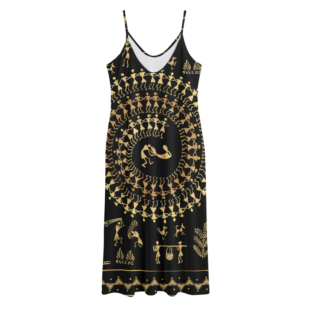 Black And Gold Warli Tribal Print Jersey Midi Cami Dress