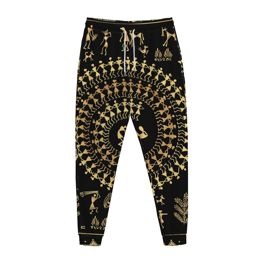 Black And Gold Warli Tribal Print Jogger Pants