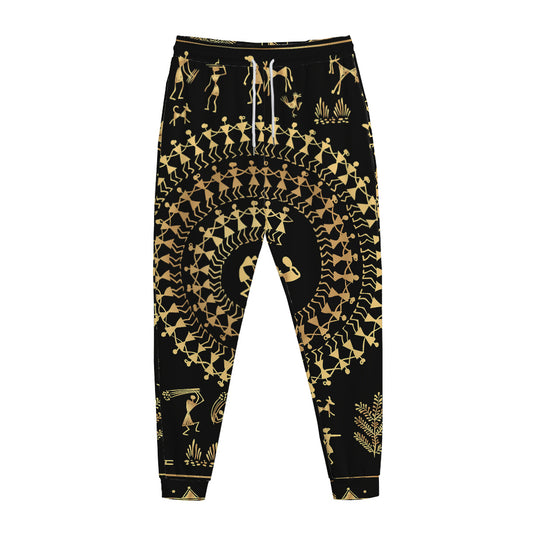 Black And Gold Warli Tribal Print Jogger Pants
