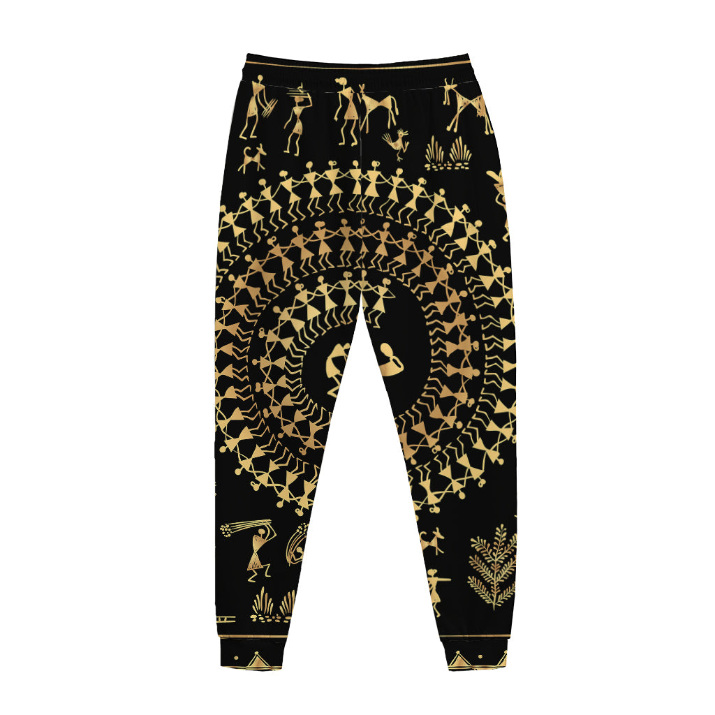 Black And Gold Warli Tribal Print Jogger Pants