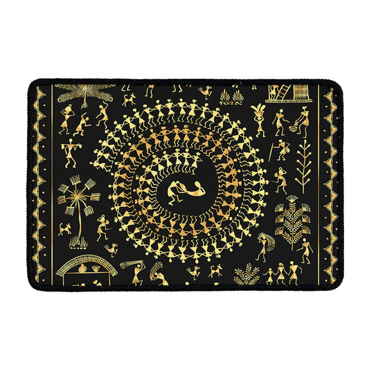 Black And Gold Warli Tribal Print Kitchen Mat