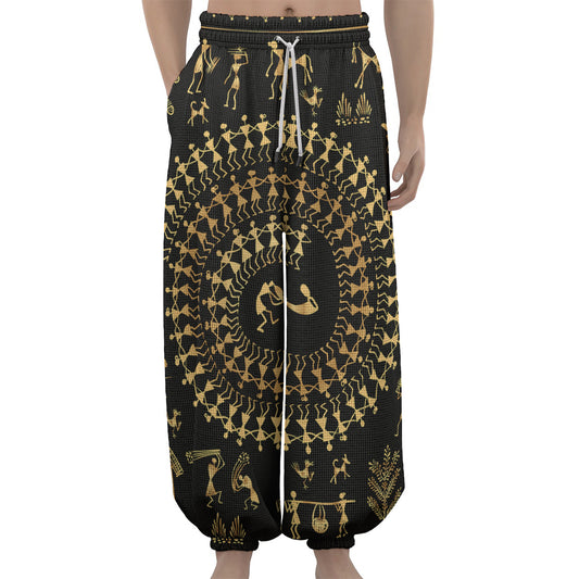 Black And Gold Warli Tribal Print Lantern Pants
