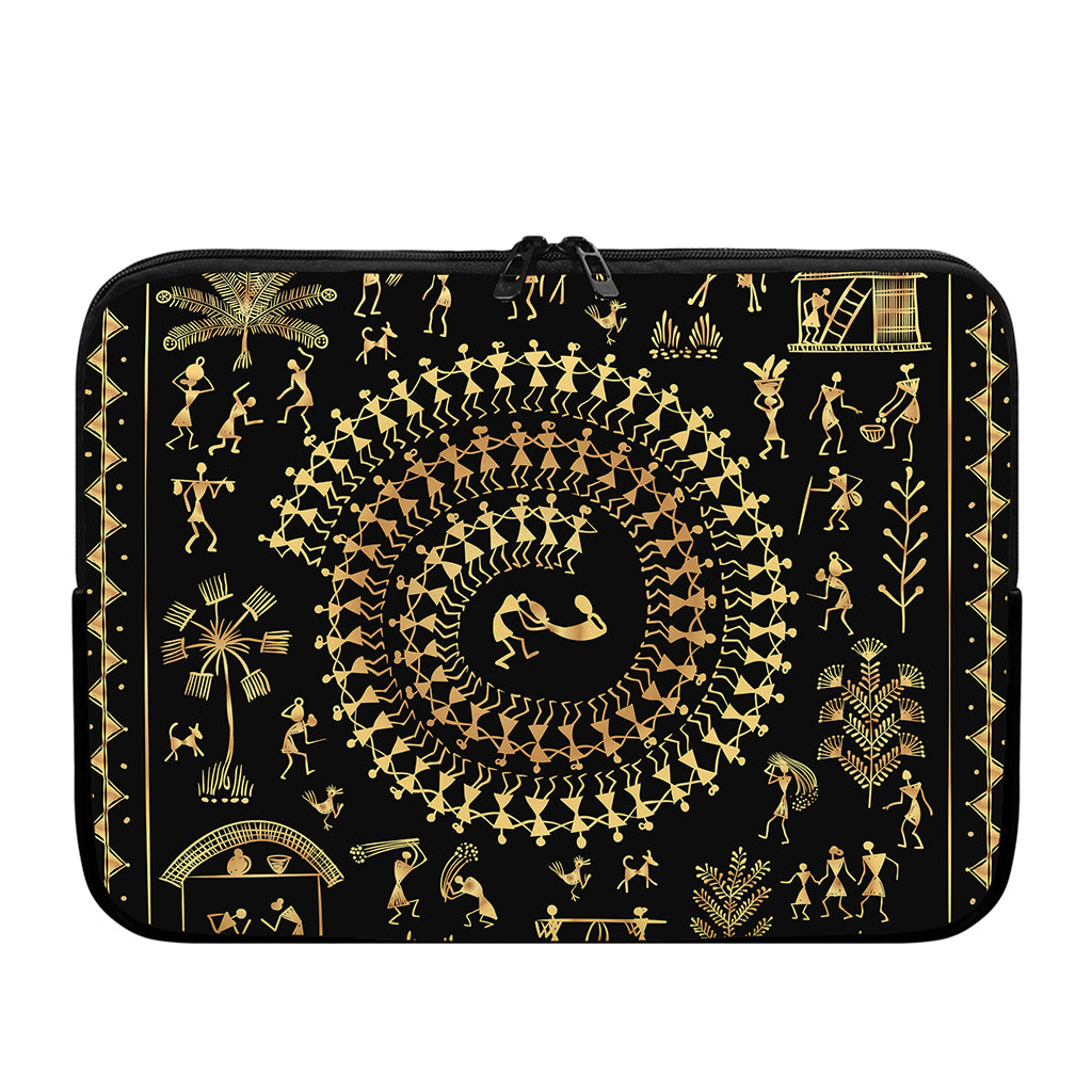 Black And Gold Warli Tribal Print Laptop Sleeve