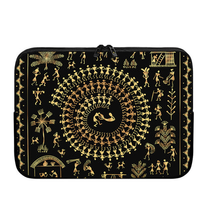 Black And Gold Warli Tribal Print Laptop Sleeve