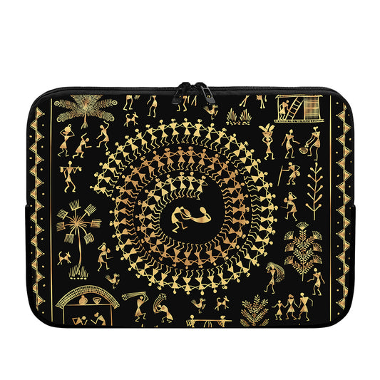 Black And Gold Warli Tribal Print Laptop Sleeve