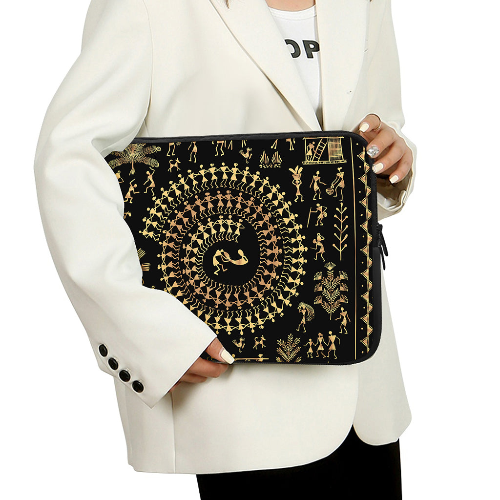 Black And Gold Warli Tribal Print Laptop Sleeve