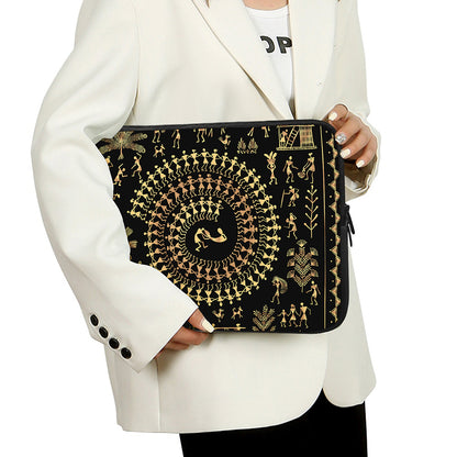Black And Gold Warli Tribal Print Laptop Sleeve
