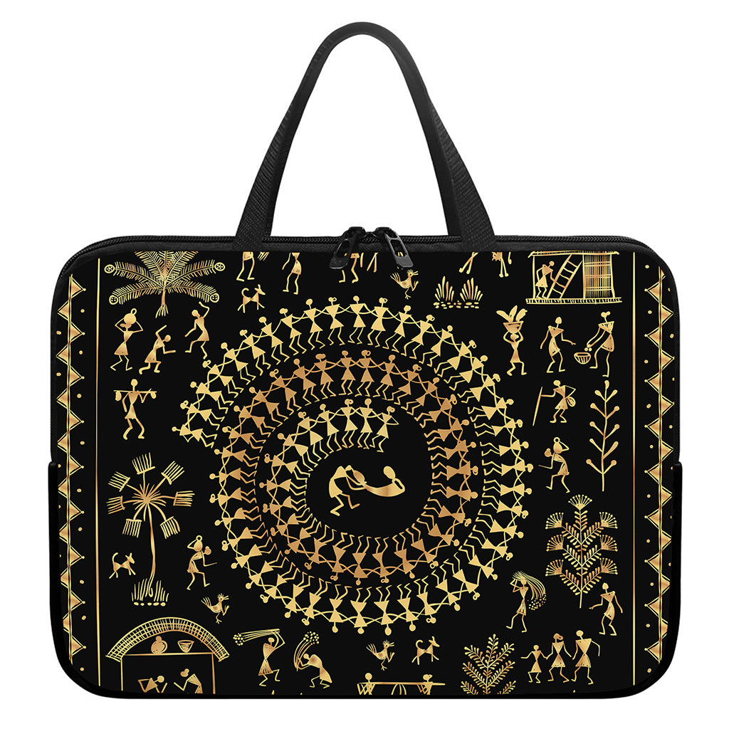 Black And Gold Warli Tribal Print Laptop Sleeve With Handle