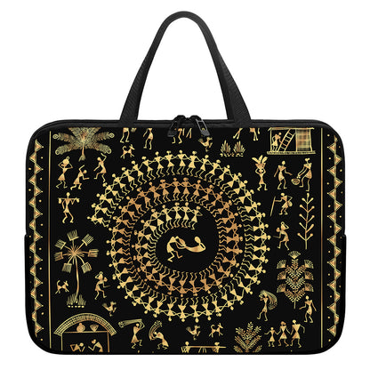 Black And Gold Warli Tribal Print Laptop Sleeve With Handle