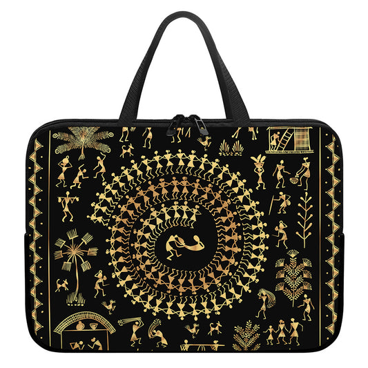 Black And Gold Warli Tribal Print Laptop Sleeve With Handle