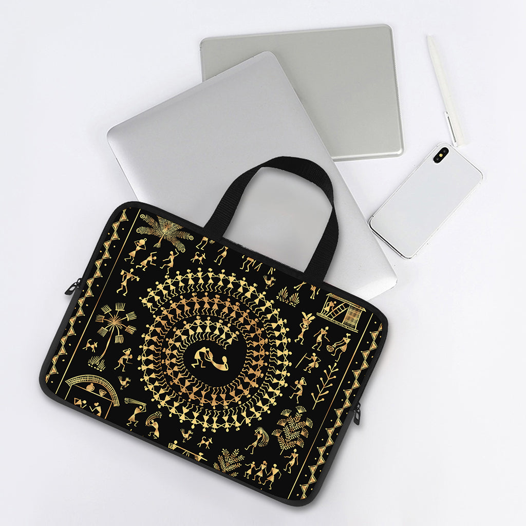 Black And Gold Warli Tribal Print Laptop Sleeve With Handle