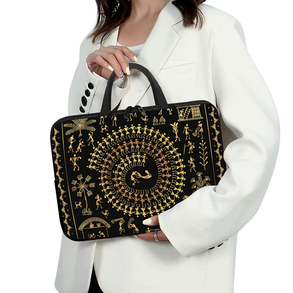 Black And Gold Warli Tribal Print Laptop Sleeve With Handle