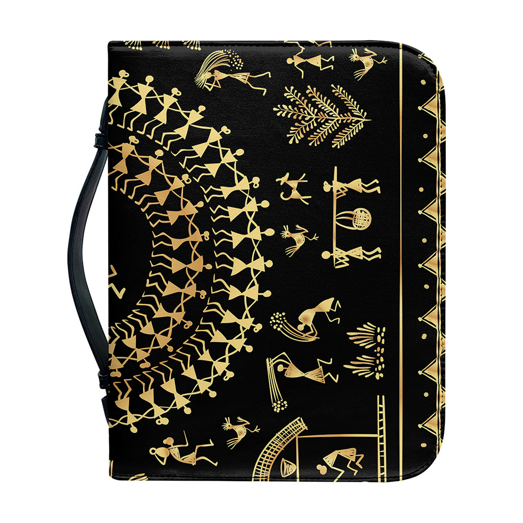 Black And Gold Warli Tribal Print Leather Bible Cover