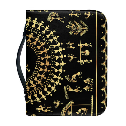 Black And Gold Warli Tribal Print Leather Bible Cover