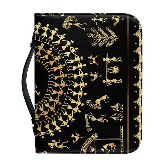 Black And Gold Warli Tribal Print Leather Bible Cover