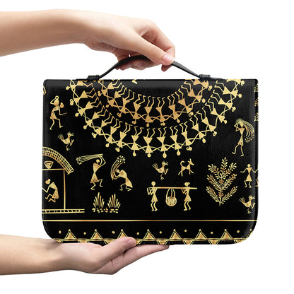 Black And Gold Warli Tribal Print Leather Bible Cover