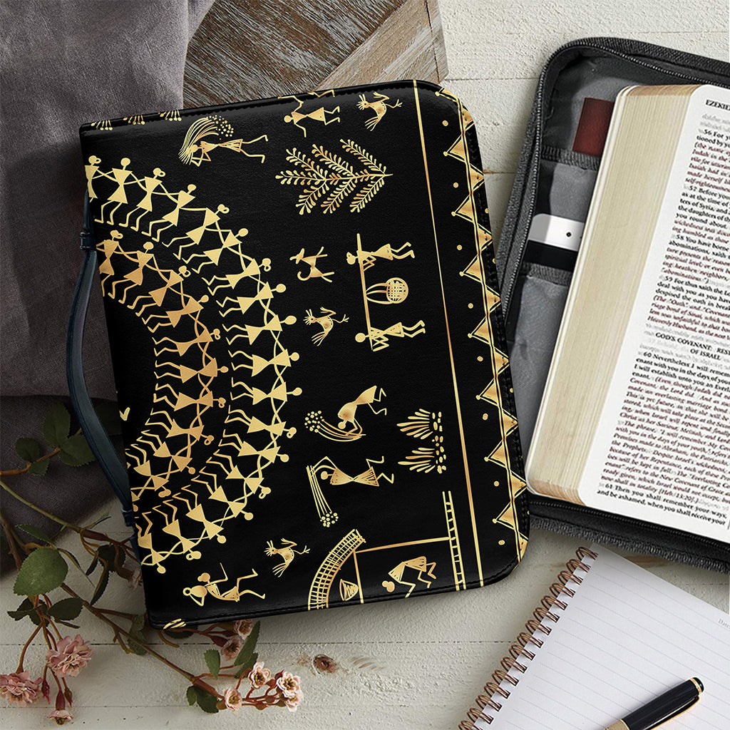 Black And Gold Warli Tribal Print Leather Bible Cover